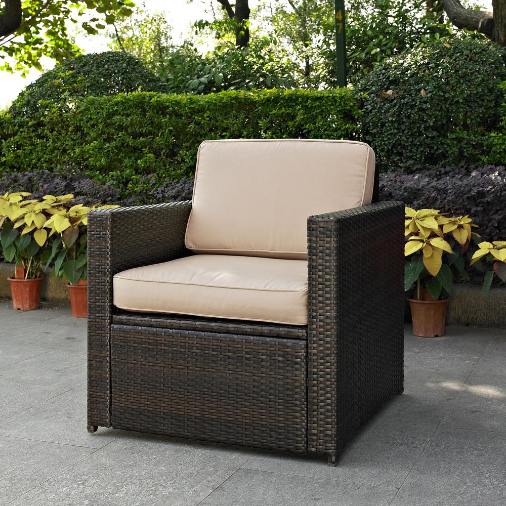 Palm Harbor Outdoor Wicker Arm Chair Sand/Brown. Picture 8