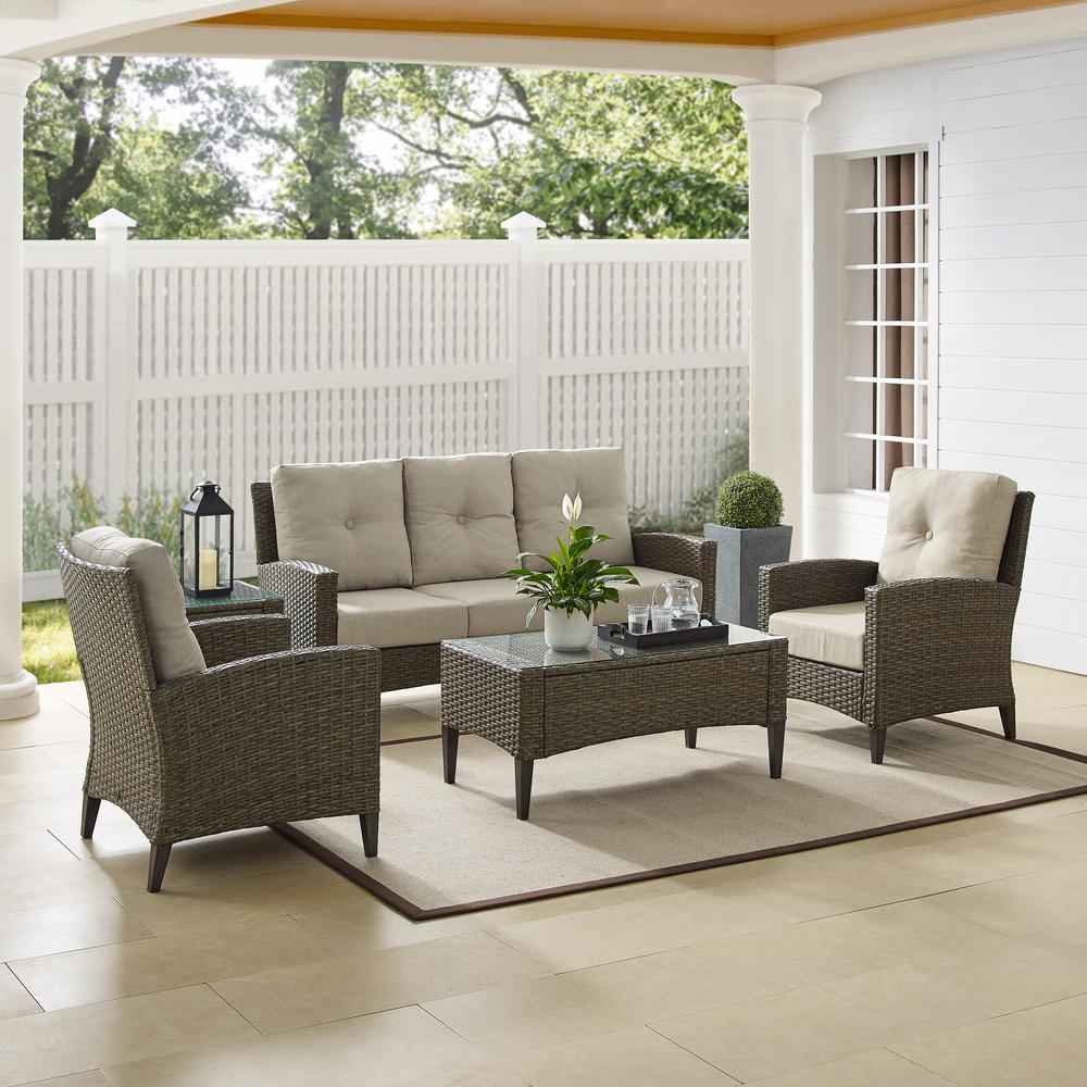 Rockport 5Pc Outdoor Wicker High Back Sofa Set Oatmeal/Light Brown - Sofa, Coffee Table, Side Table, & 2 Armchairs. Picture 16