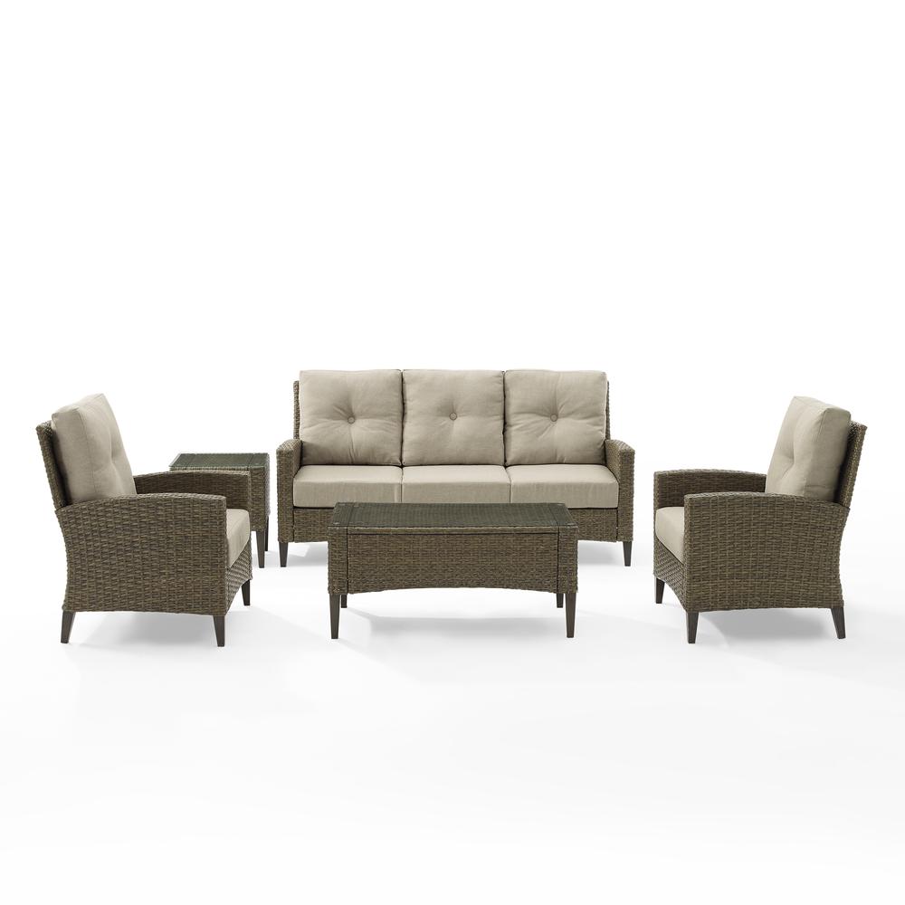Rockport 5Pc Outdoor Wicker High Back Sofa Set Oatmeal/Light Brown - Sofa, Coffee Table, Side Table, & 2 Armchairs. Picture 19