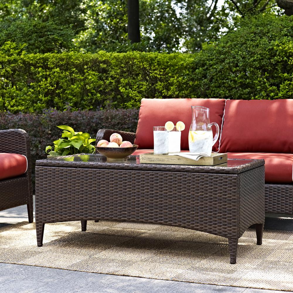 Kiawah Outdoor Wicker Coffee Table Sangria/Brown. Picture 12