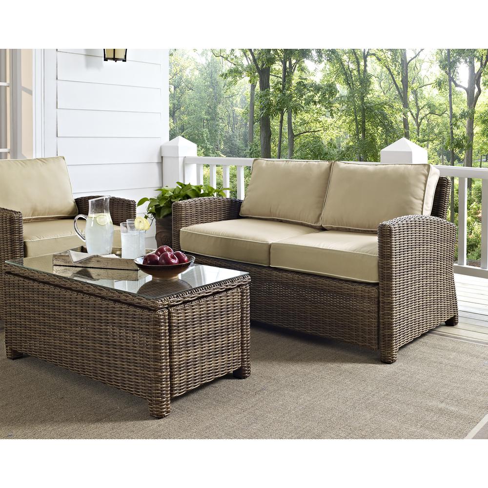 Bradenton 4Pc Outdoor Wicker Conversation Set Sand/Weathered Brown - Loveseat, 2 Arm Chairs, Glass Top Table. Picture 9