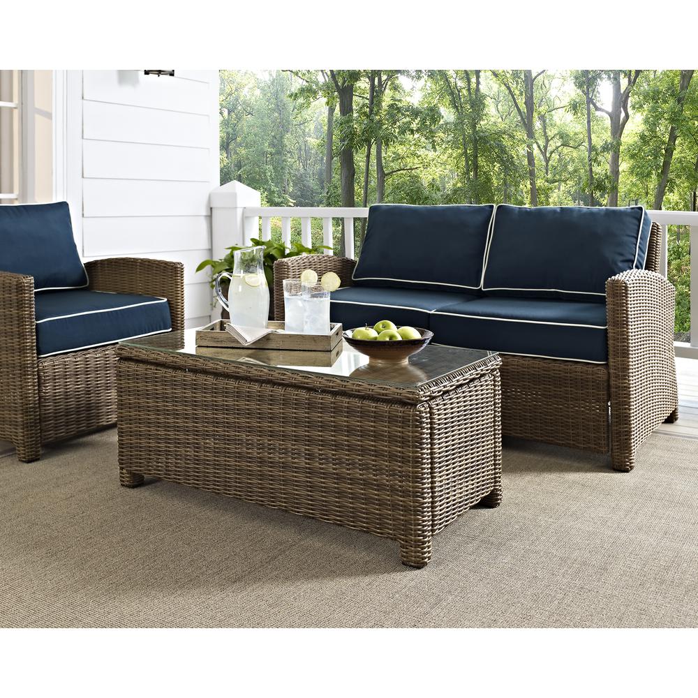 Bradenton 2Pc Outdoor Wicker Chat Set Navy/Weathered Brown - Loveseat, Glass Top Table. Picture 6