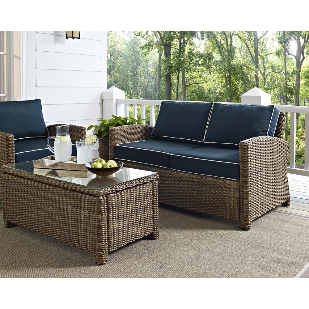 Bradenton 2Pc Outdoor Wicker Chat Set Navy/Weathered Brown - Loveseat, Glass Top Table. Picture 2