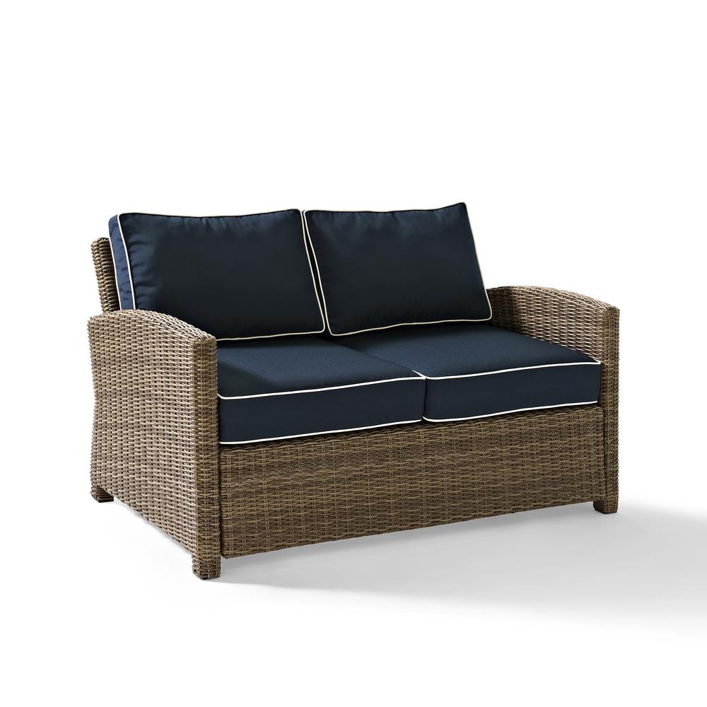 Bradenton 2Pc Outdoor Wicker Chat Set Navy/Weathered Brown - Loveseat, Glass Top Table. Picture 3