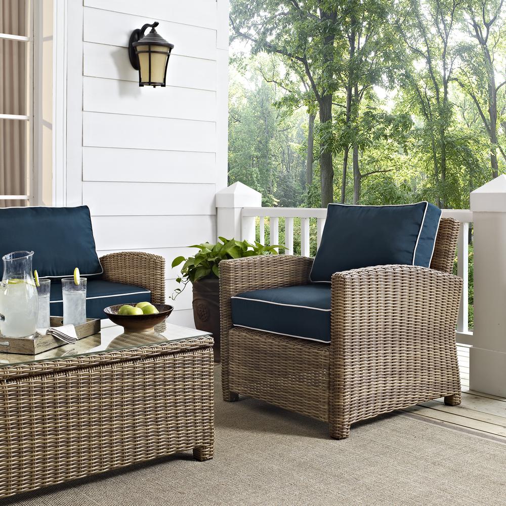 Bradenton 4Pc Outdoor Wicker Conversation Set Navy/Weathered Brown - Loveseat, 2 Arm Chairs, Glass Top Table. Picture 2