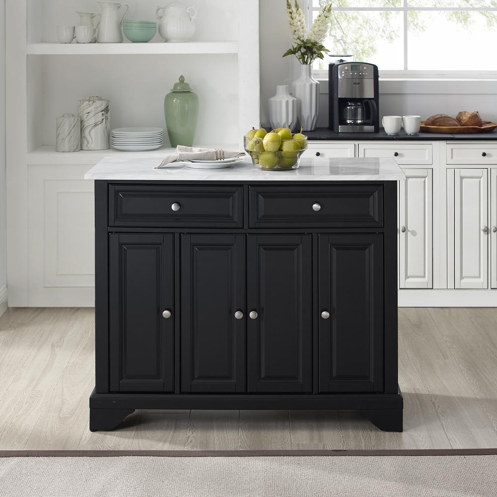 Avery Kitchen Island/Cart Distressed Black/ White Marble. Picture 2