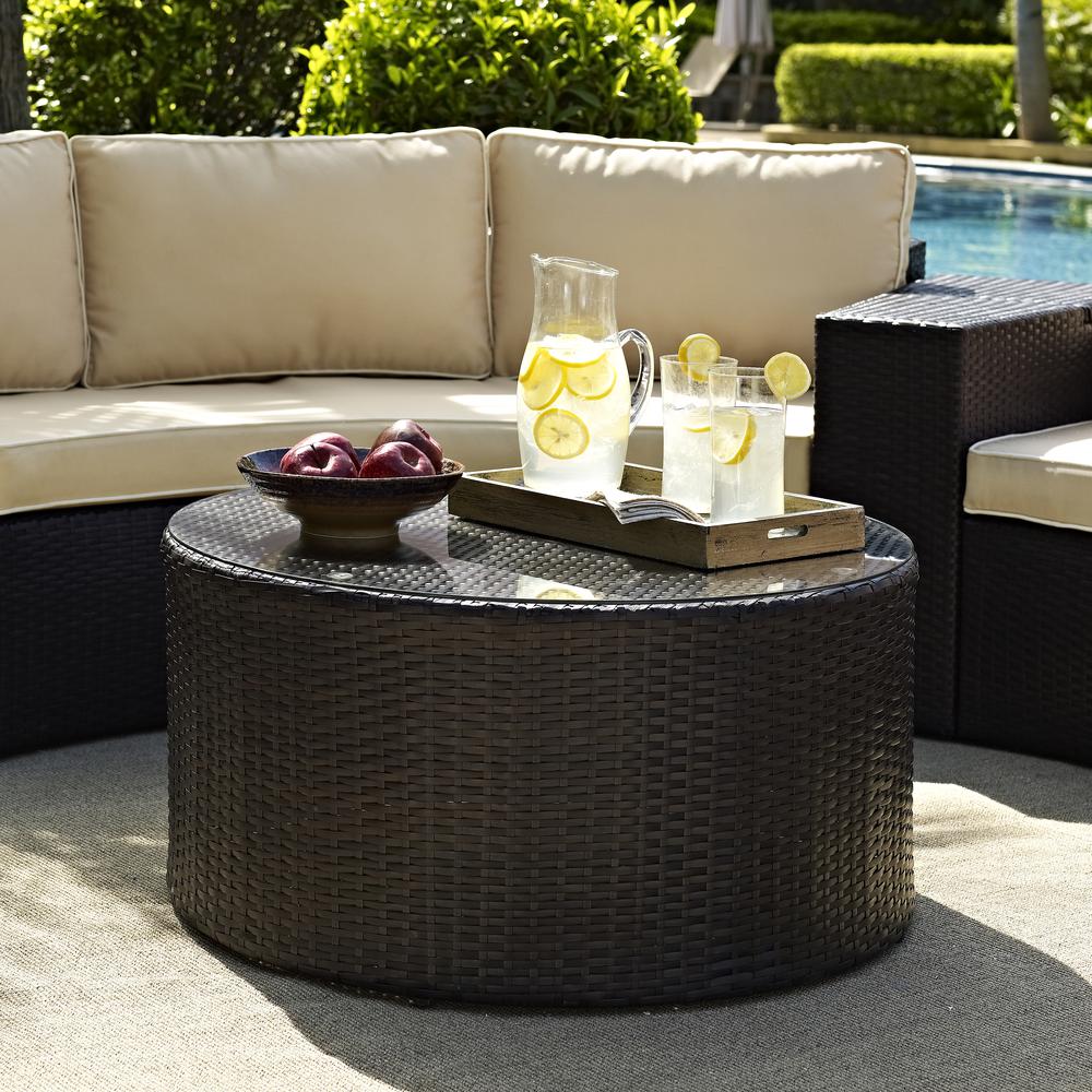 Catalina Outdoor Wicker Round Coffee Table Brown. Picture 2