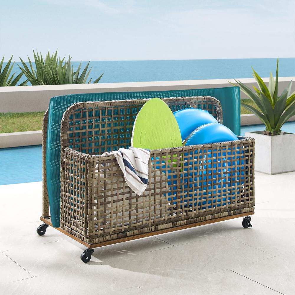 Ridley Outdoor Wicker And Metal Pool Storage Caddy Distressed Gray/Brown. Picture 11