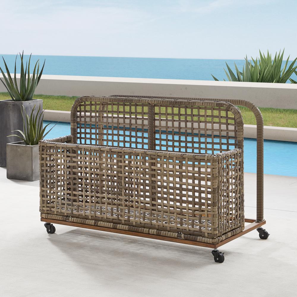 Ridley Outdoor Wicker And Metal Pool Storage Caddy Distressed Gray/Brown. Picture 1