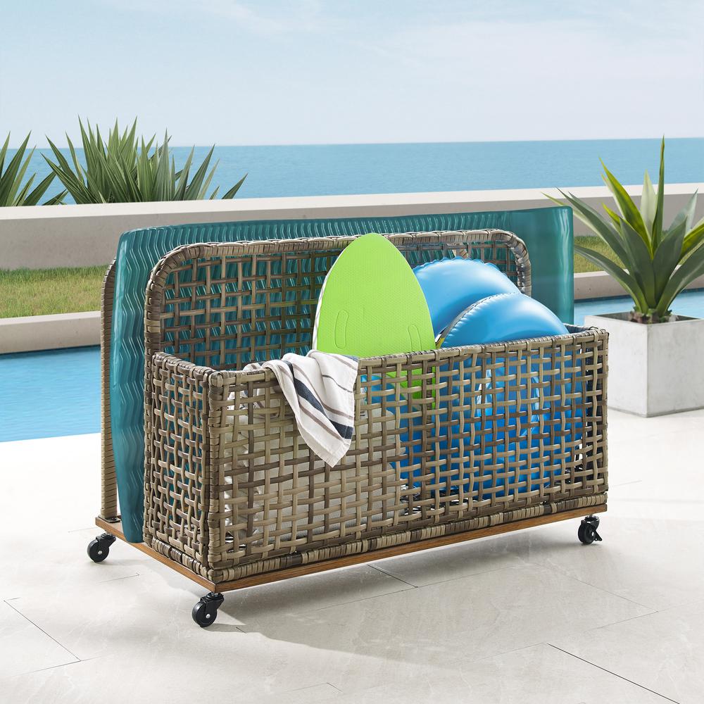 Ridley Outdoor Wicker And Metal Pool Storage Caddy Distressed Gray/Brown. Picture 12