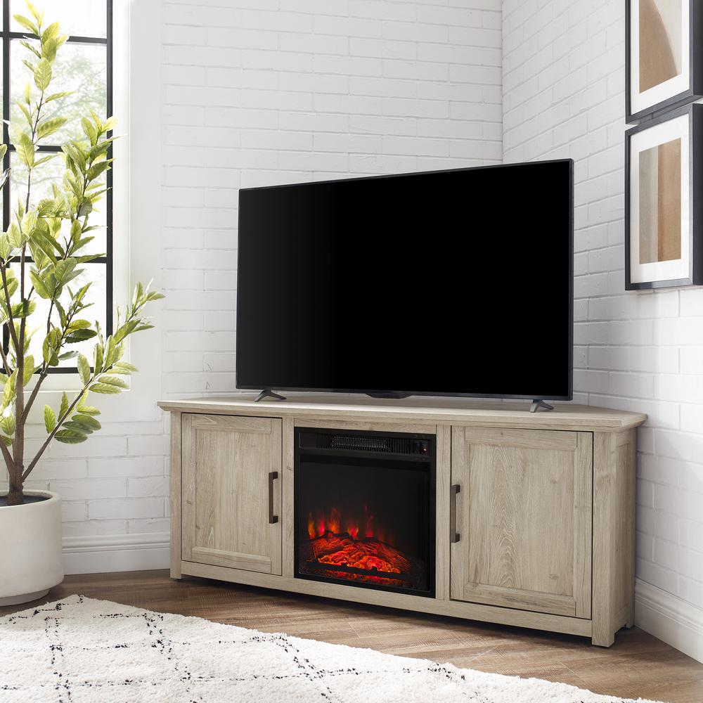 Camden 58" Corner Tv Stand W/Fireplace Frosted Oak. Picture 2