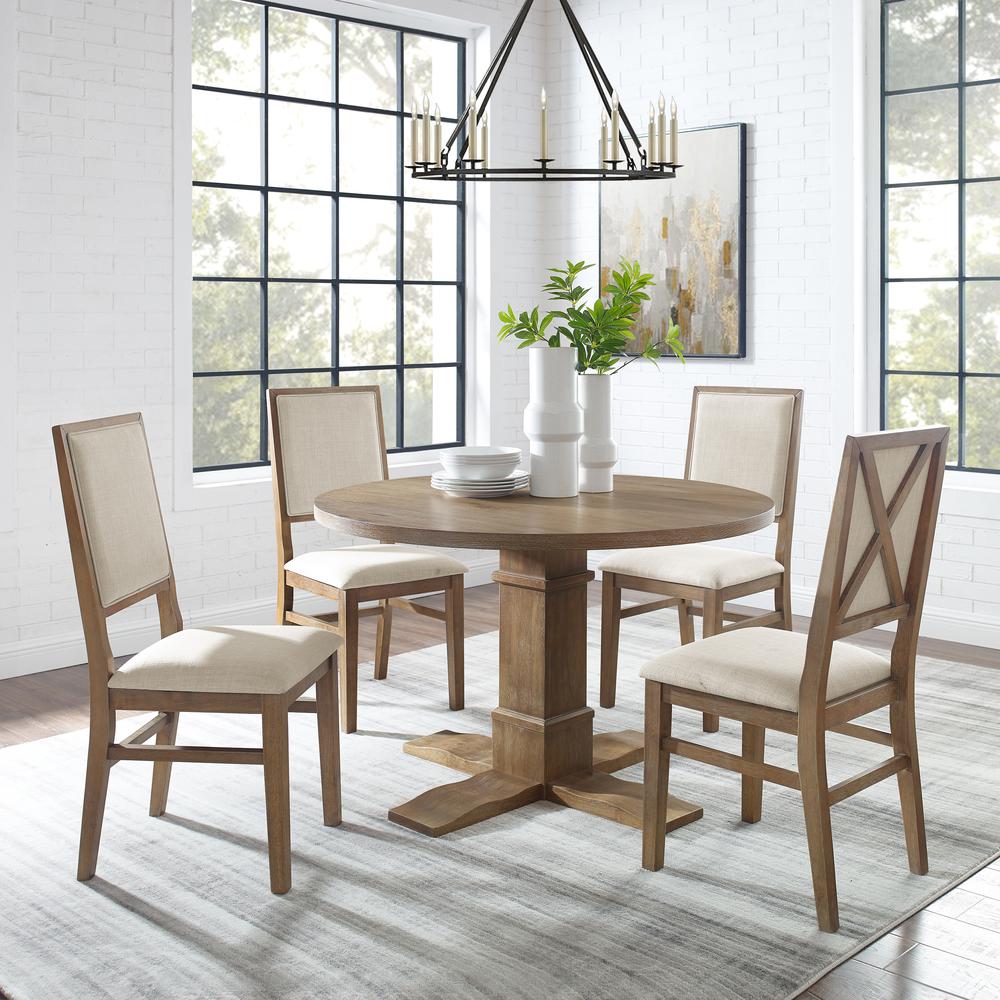 Joanna 5Pc Round Dining Set Rustic Brown /Creme - Round Table & 4 Upholstered Back Chairs. Picture 1
