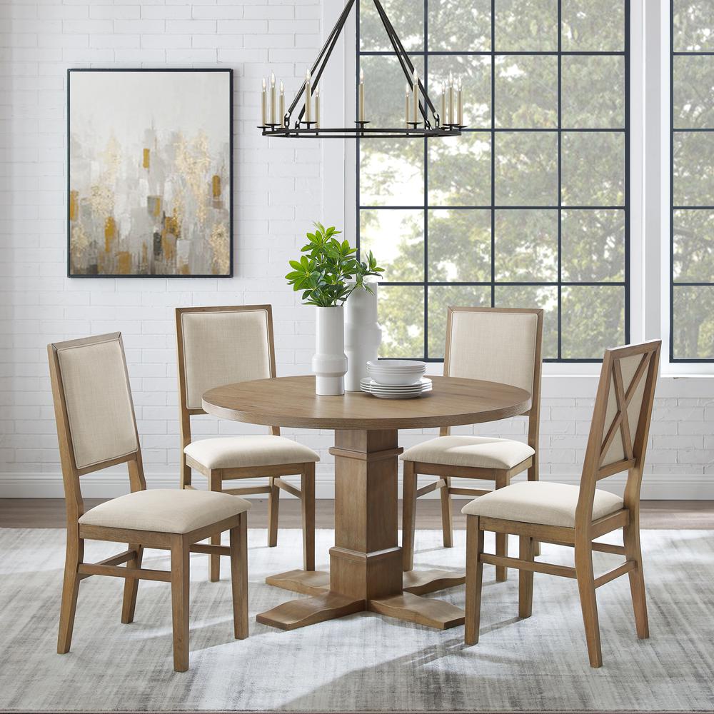 Joanna 5Pc Round Dining Set Rustic Brown /Creme - Round Table & 4 Upholstered Back Chairs. Picture 2