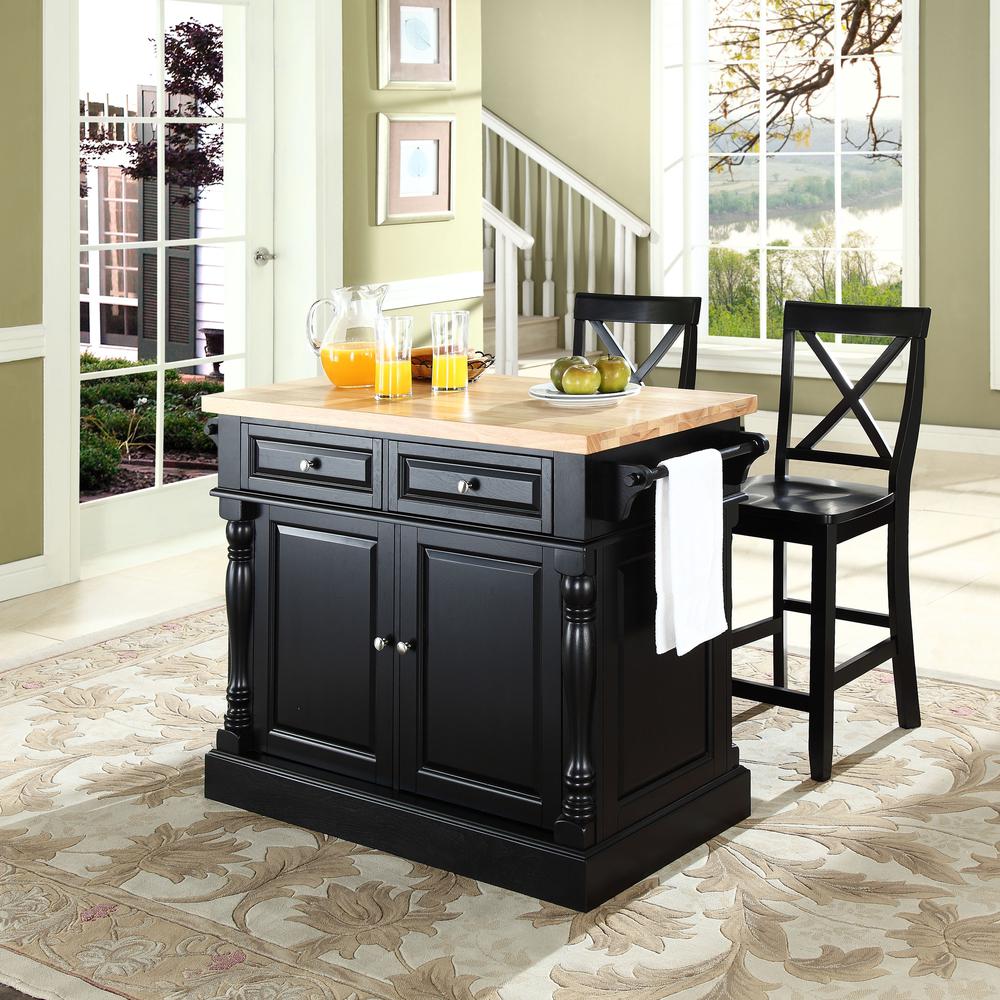 Oxford Kitchen Island W/X-Back Stools Black - Kitchen Island, 2 Counter Height Bar Stools. Picture 1