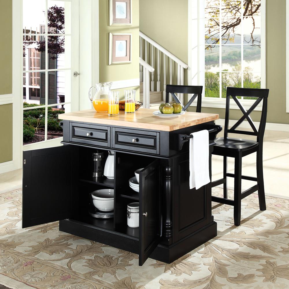 Oxford Kitchen Island W/X-Back Stools Black - Kitchen Island, 2 Counter Height Bar Stools. Picture 2
