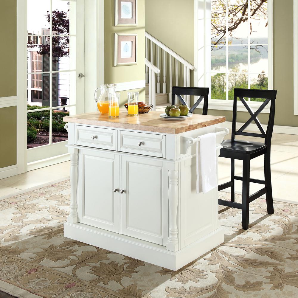 Oxford Kitchen Island W/X-Back Stools White - Kitchen Island, 2 Counter Height Bar Stools. Picture 2