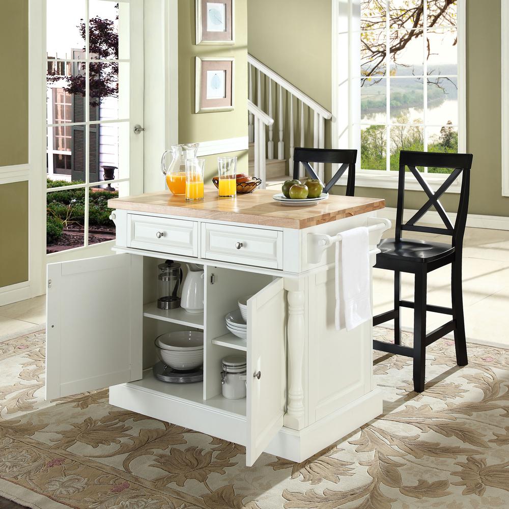 Oxford Kitchen Island W/X-Back Stools White - Kitchen Island, 2 Counter Height Bar Stools. Picture 3