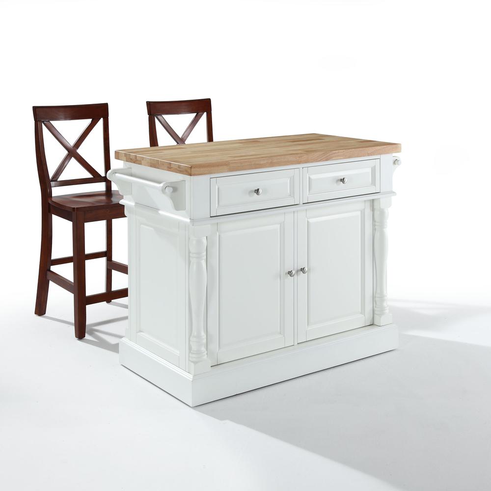 Oxford Kitchen Island W/X-Back Stools White - Kitchen Island, 2 Counter Height Bar Stools. Picture 1