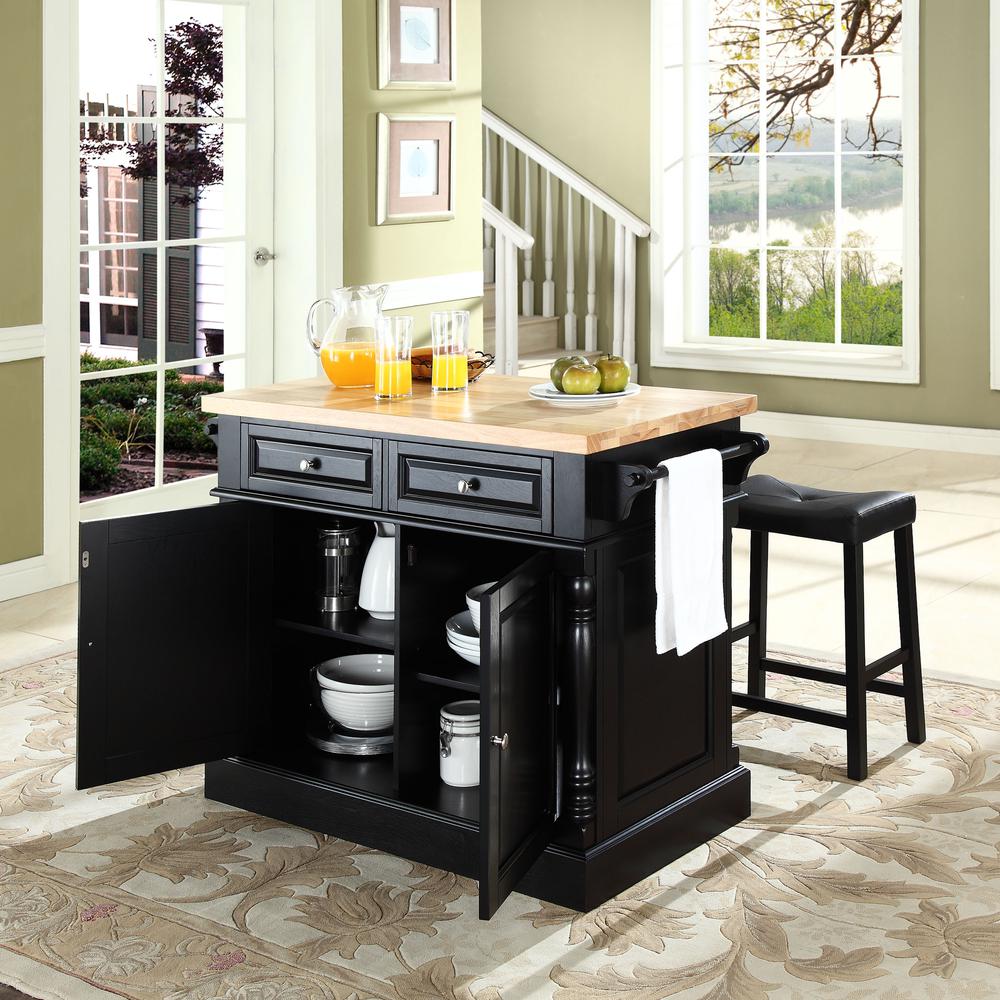 Oxford Kitchen Island W/Upholstered Saddle Stools Black - Kitchen Island, 2 Counter Height Bar Stools. Picture 3