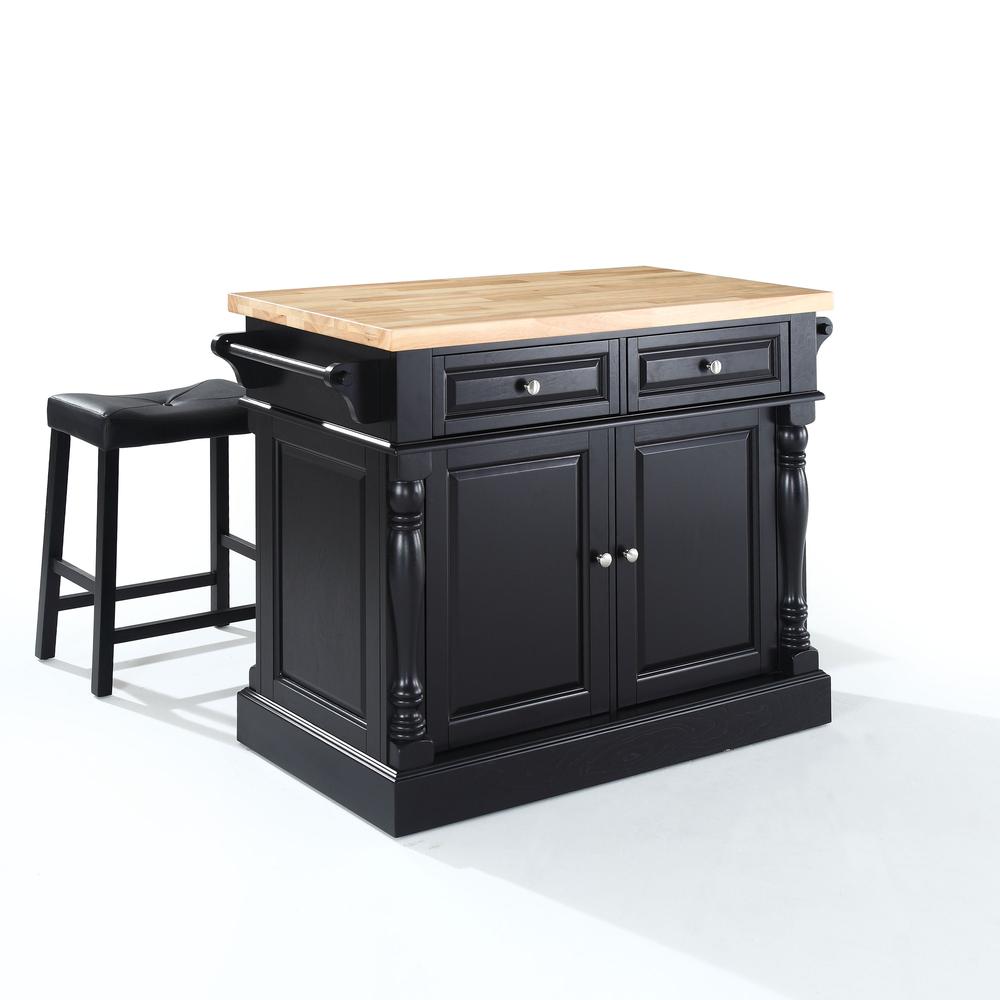 Oxford Kitchen Island W/Upholstered Saddle Stools Black - Kitchen Island, 2 Counter Height Bar Stools. Picture 1