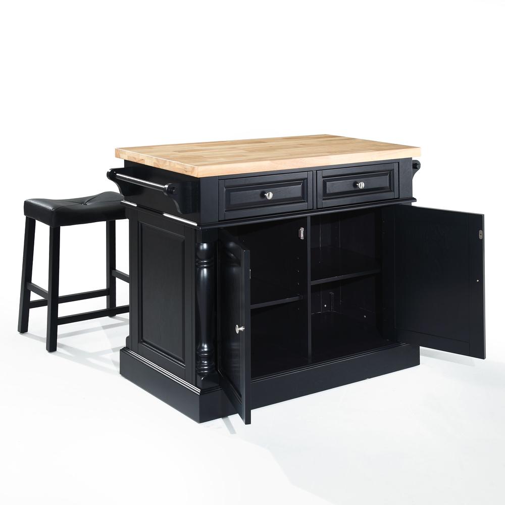 Oxford Kitchen Island W/Upholstered Saddle Stools Black - Kitchen Island, 2 Counter Height Bar Stools. Picture 5