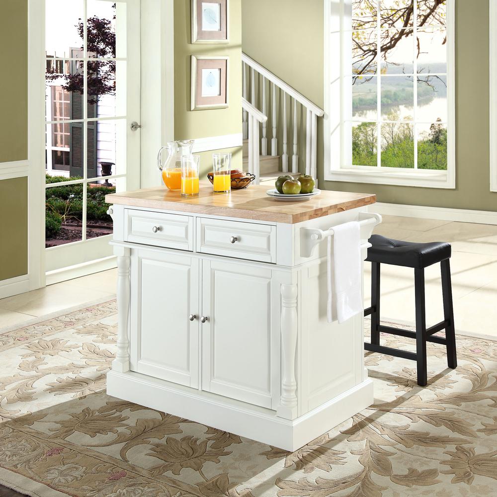 Oxford Kitchen Island W/Upholstered Saddle Stools White - Kitchen Island, 2 Counter Height Bar Stools. Picture 2