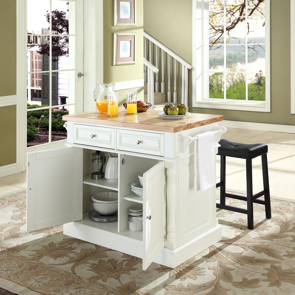 Oxford Kitchen Island W/Upholstered Saddle Stools White - Kitchen Island, 2 Counter Height Bar Stools. Picture 3