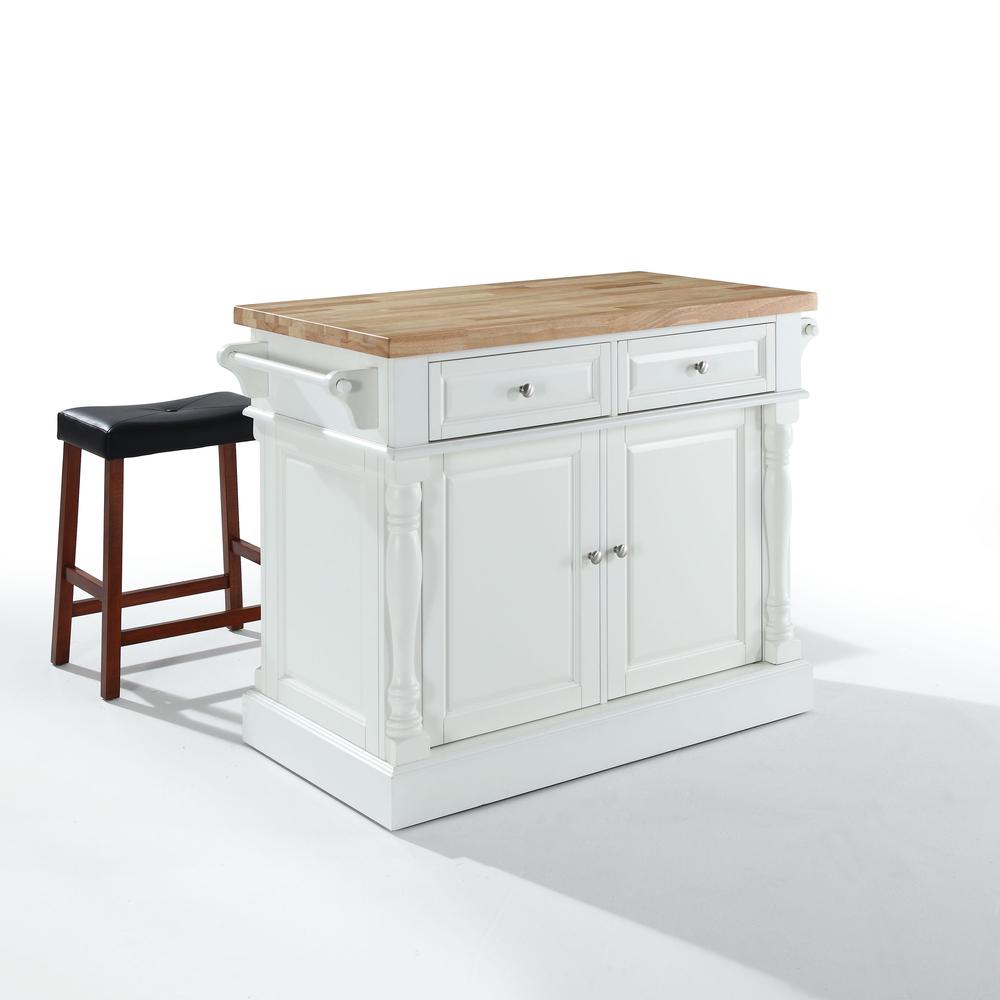 Oxford Kitchen Island W/Upholstered Saddle Stools White - Kitchen Island, 2 Counter Height Bar Stools. Picture 1