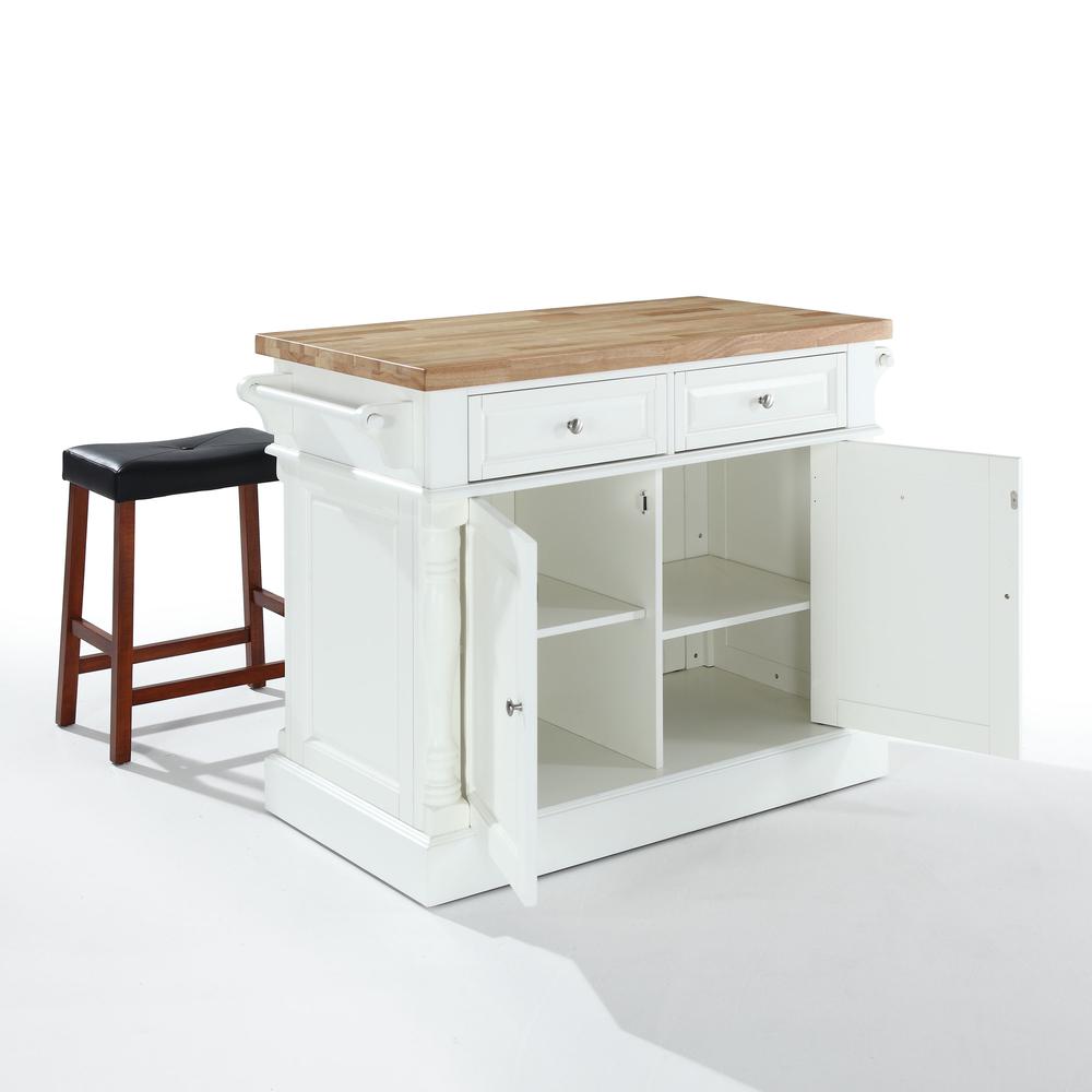 Oxford Kitchen Island W/Upholstered Saddle Stools White - Kitchen Island, 2 Counter Height Bar Stools. Picture 5