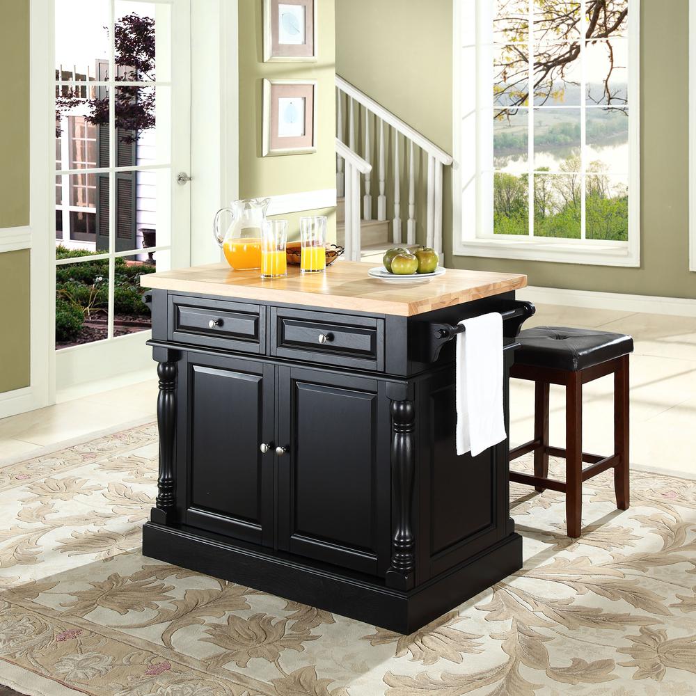Oxford Kitchen Island W/Square Seat Stools Black - Kitchen Island, 2 Counter Height Bar Stools. Picture 2