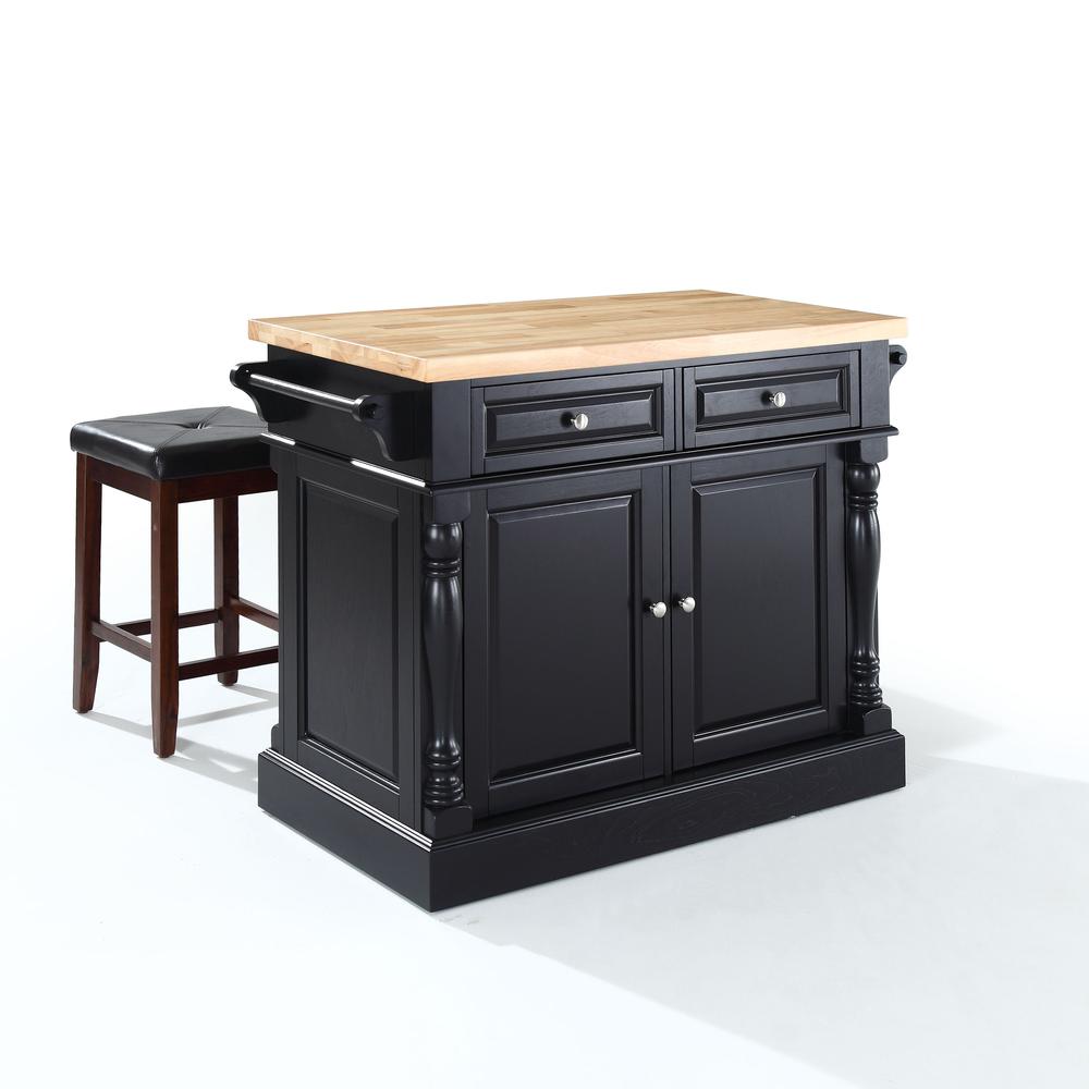 Oxford Kitchen Island W/Square Seat Stools Black - Kitchen Island, 2 Counter Height Bar Stools. Picture 1