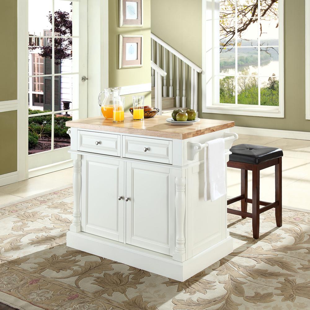 Oxford Kitchen Island W/Square Seat Stools White - Kitchen Island, 2 Counter Height Bar Stools. Picture 2