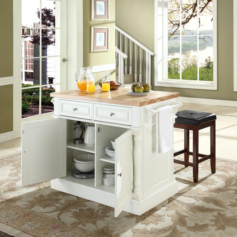 Oxford Kitchen Island W/Square Seat Stools White - Kitchen Island, 2 Counter Height Bar Stools. Picture 3