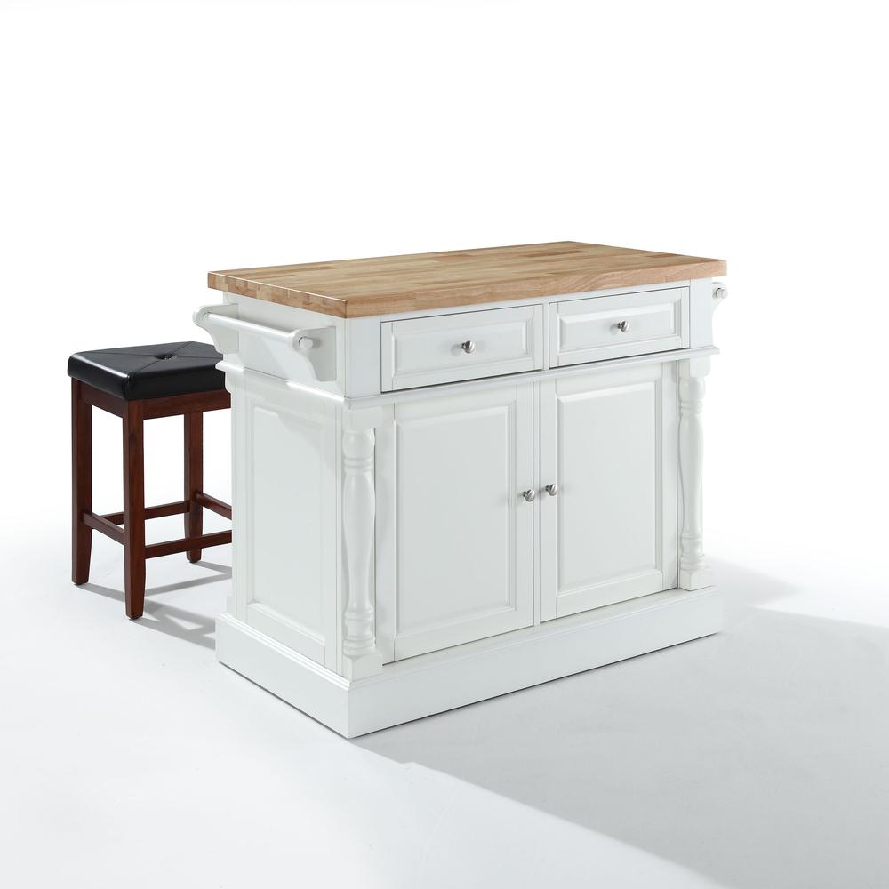 Oxford Kitchen Island W/Square Seat Stools White - Kitchen Island, 2 Counter Height Bar Stools. Picture 1