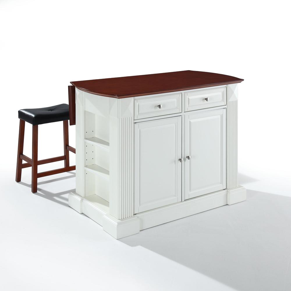 Coventry Drop Leaf Top Kitchen Island W/Uph Saddle Stools White/Cherry - Kitchen Island, 2 Counter Height Bar Stools. Picture 2