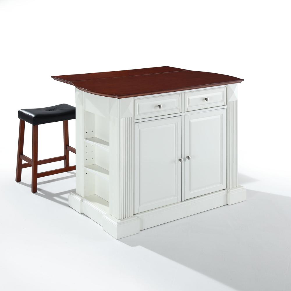 Coventry Drop Leaf Top Kitchen Island W/Uph Saddle Stools White/Cherry - Kitchen Island, 2 Counter Height Bar Stools. Picture 3