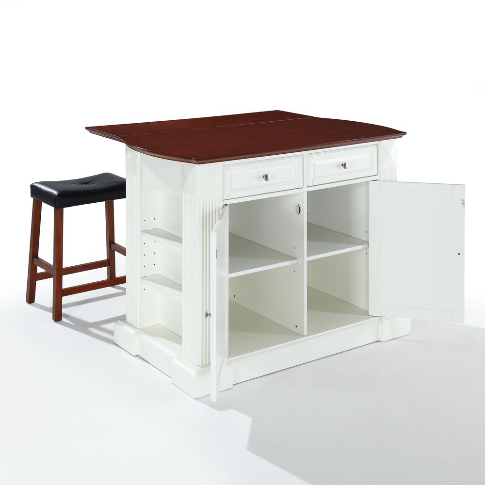 Coventry Drop Leaf Top Kitchen Island W/Uph Saddle Stools White/Cherry - Kitchen Island, 2 Counter Height Bar Stools. Picture 1
