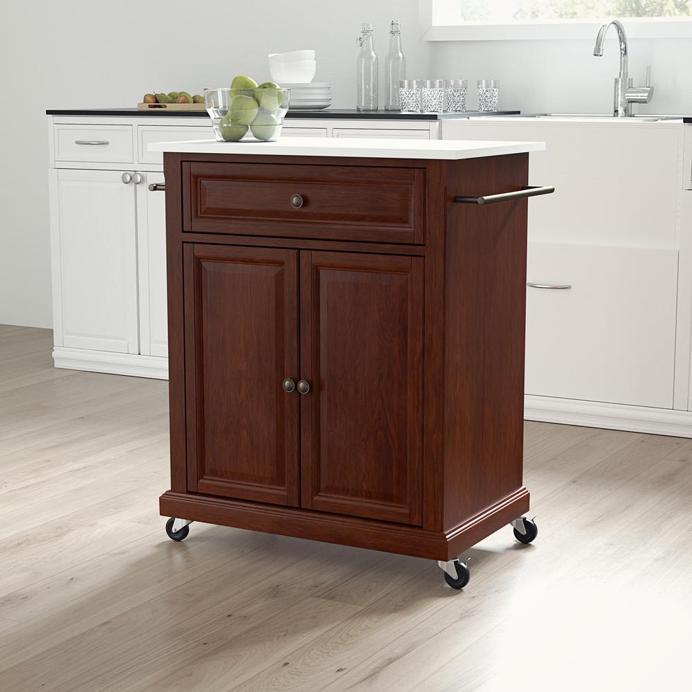 Compact Stone Top Kitchen Cart Mahogany/White. Picture 2