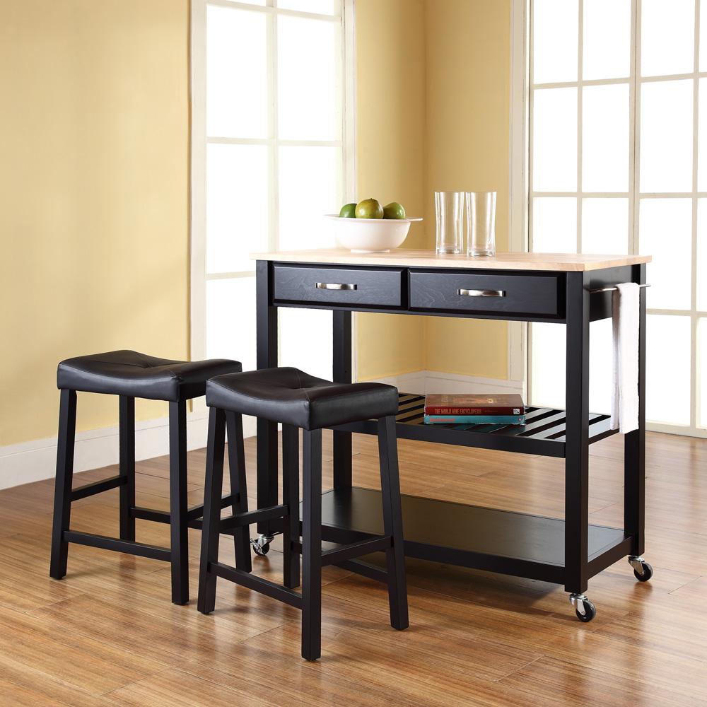 Wood Top Kitchen Prep Cart W/Uph Saddle Stools Black/Natural - Kitchen Island & 2 Counter Stools. Picture 2