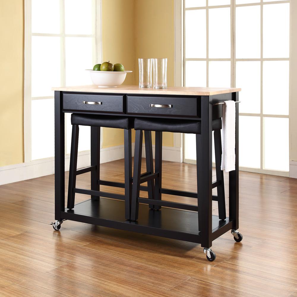Wood Top Kitchen Prep Cart W/Uph Saddle Stools Black/Natural - Kitchen Island & 2 Counter Stools. Picture 3