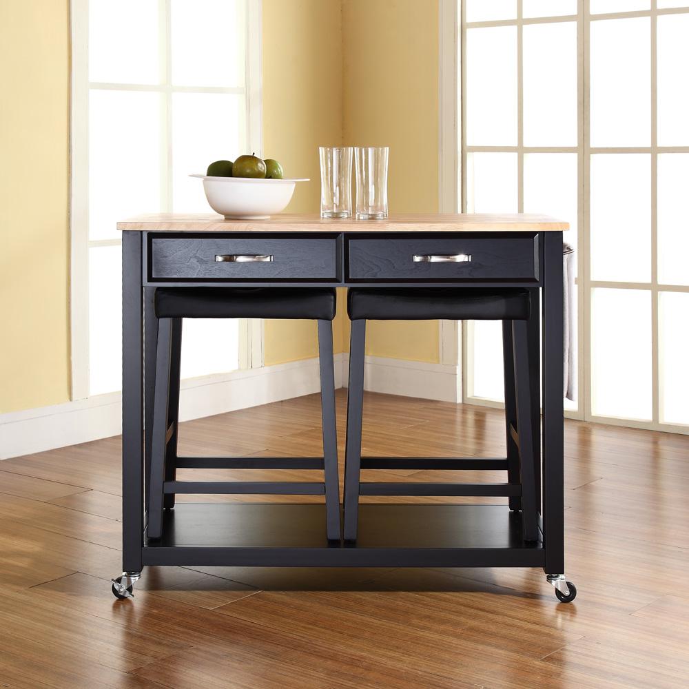 Wood Top Kitchen Prep Cart W/Uph Saddle Stools Black/Natural - Kitchen Island & 2 Counter Stools. Picture 4