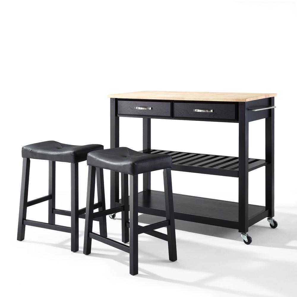 Wood Top Kitchen Prep Cart W/Uph Saddle Stools Black/Natural - Kitchen Island & 2 Counter Stools. Picture 1