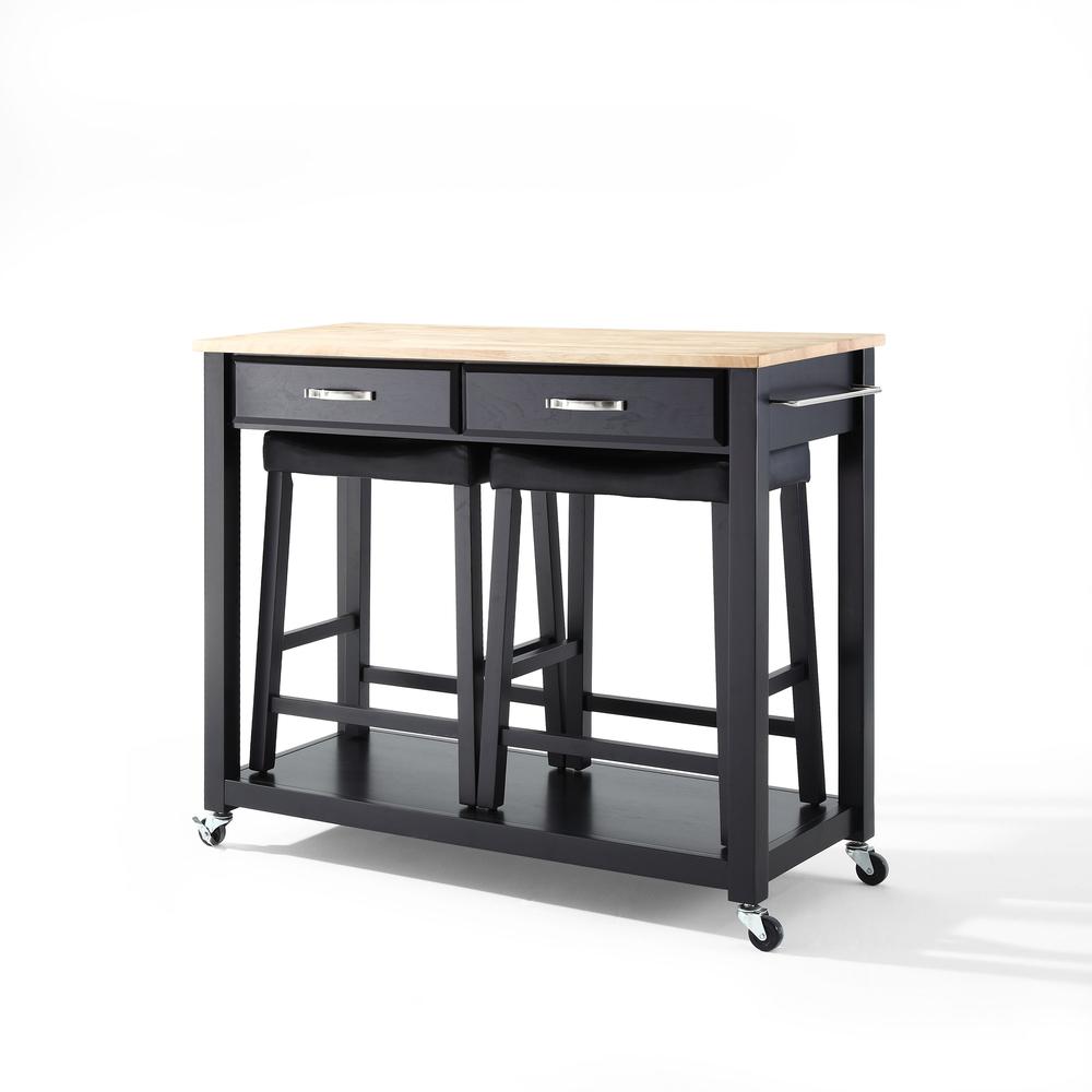 Wood Top Kitchen Prep Cart W/Uph Saddle Stools Black/Natural - Kitchen Island & 2 Counter Stools. Picture 5
