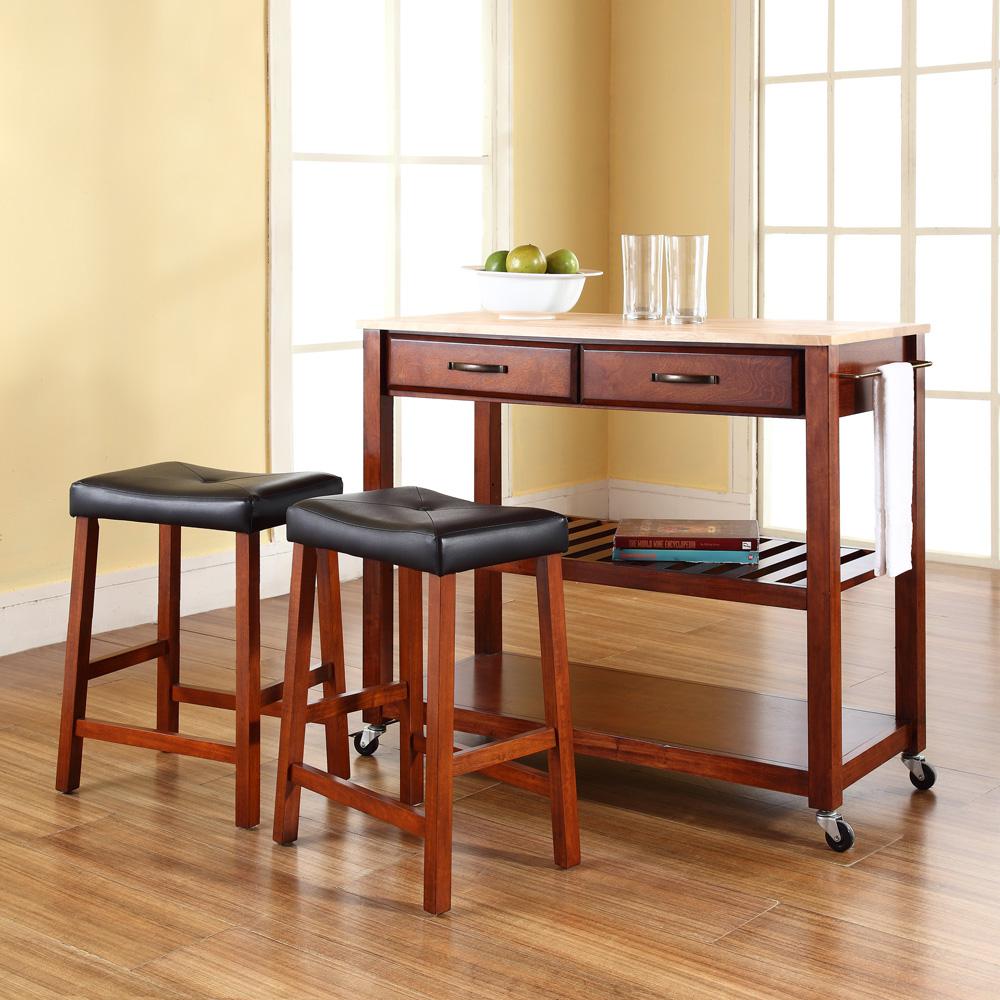Wood Top Kitchen Prep Cart W/Uph Saddle Stools Cherry/Natural - Kitchen Island & 2 Counter Stools. Picture 2