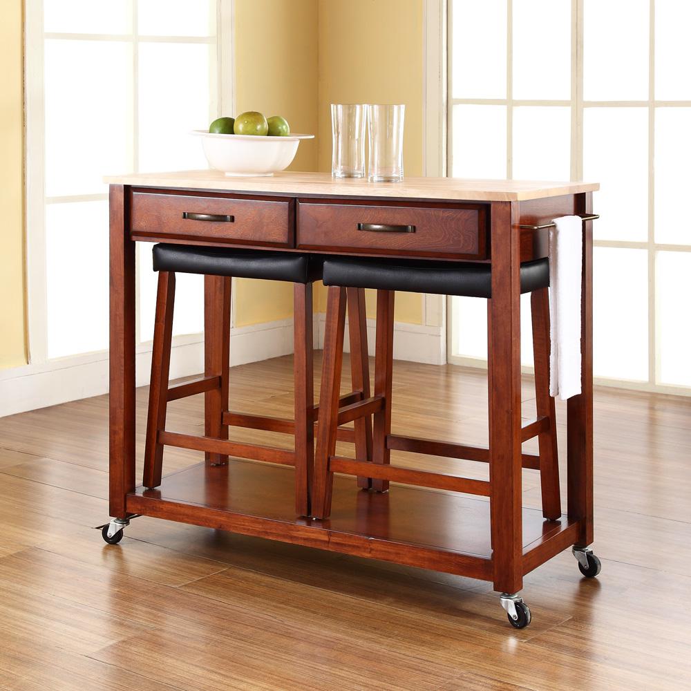 Wood Top Kitchen Prep Cart W/Uph Saddle Stools Cherry/Natural - Kitchen Island & 2 Counter Stools. Picture 3