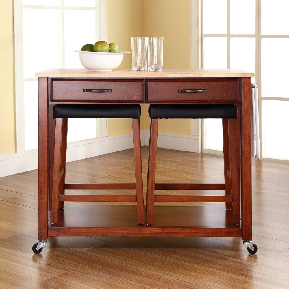 Wood Top Kitchen Prep Cart W/Uph Saddle Stools Cherry/Natural - Kitchen Island & 2 Counter Stools. Picture 4