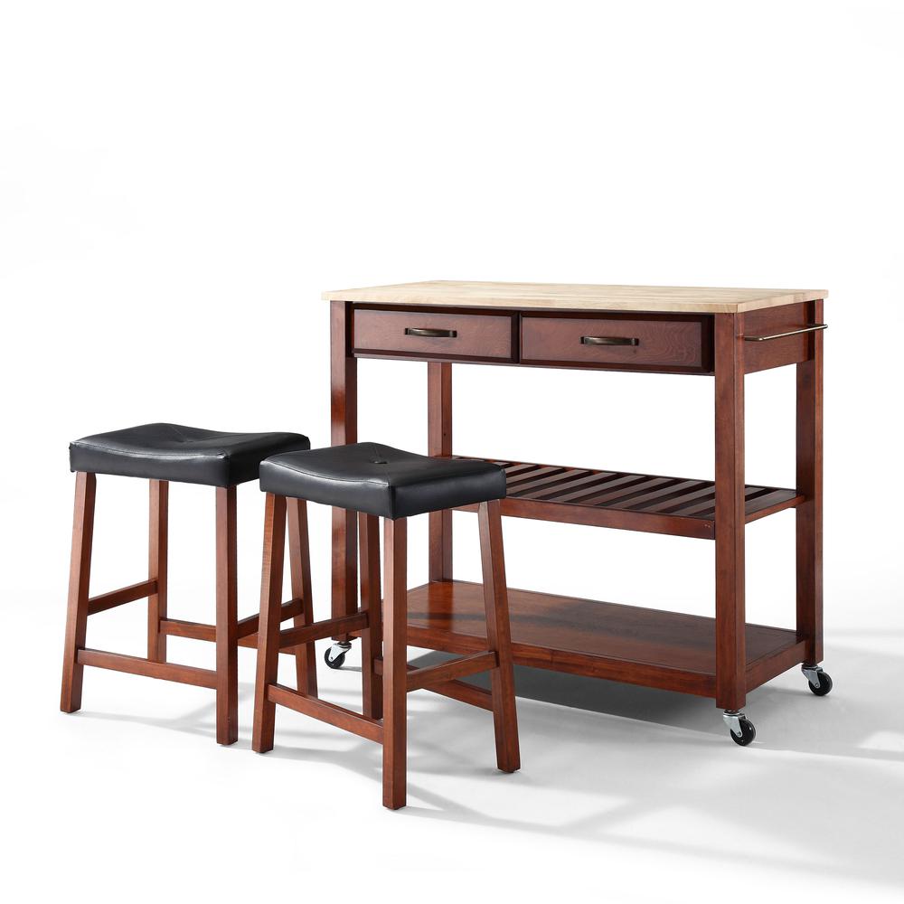 Wood Top Kitchen Cart W/Saddle Stools Cherry/Natural - Kitchen Island, 2 Counter Height Bar Stools. Picture 1