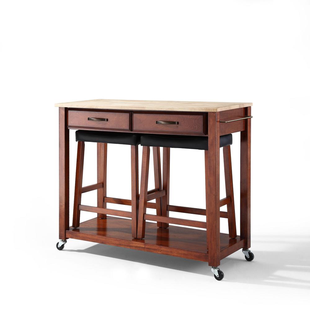Wood Top Kitchen Prep Cart W/Uph Saddle Stools Cherry/Natural - Kitchen Island & 2 Counter Stools. Picture 6