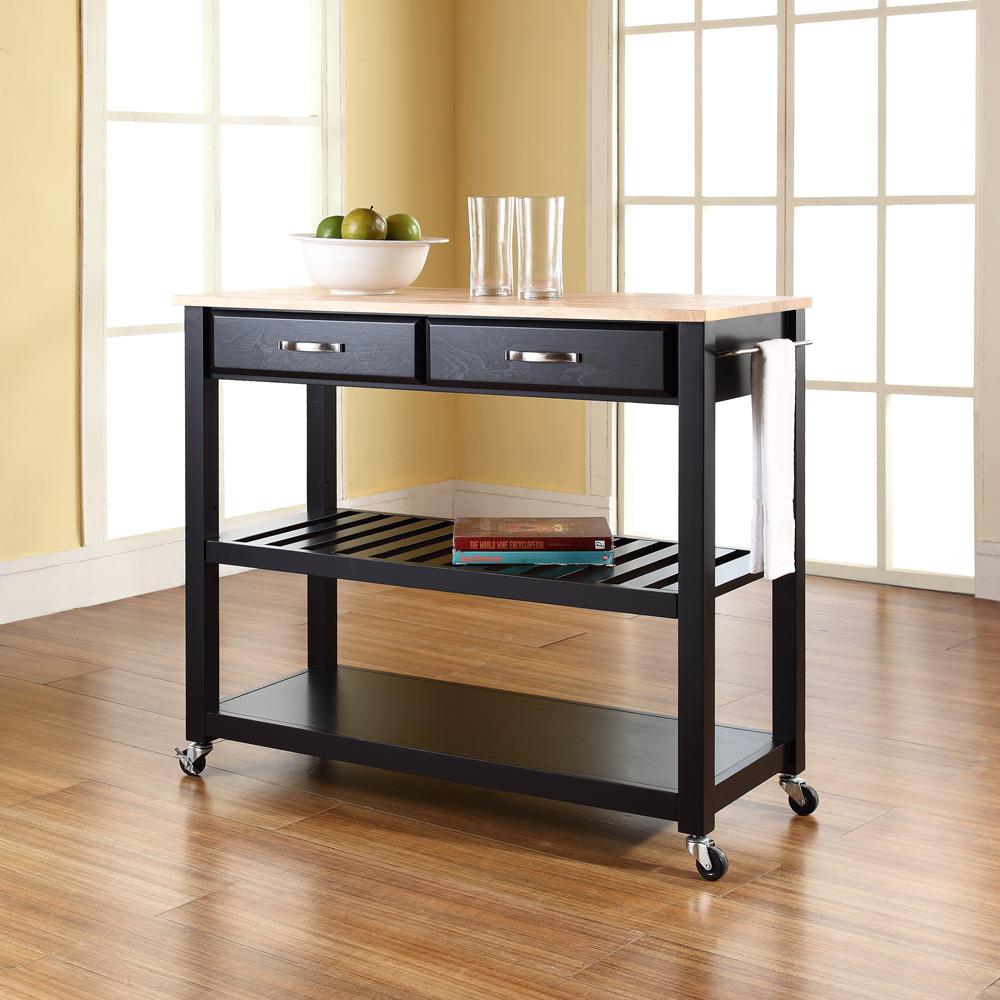 Wood Top Kitchen Cart W/Opt Stool Storage Black/Natural. Picture 2