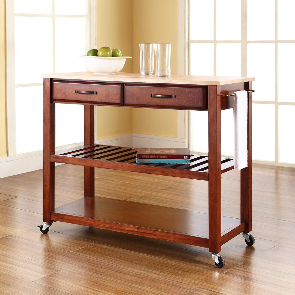 Wood Top Kitchen Cart W/Opt Stool Storage Cherry/Natural. Picture 2